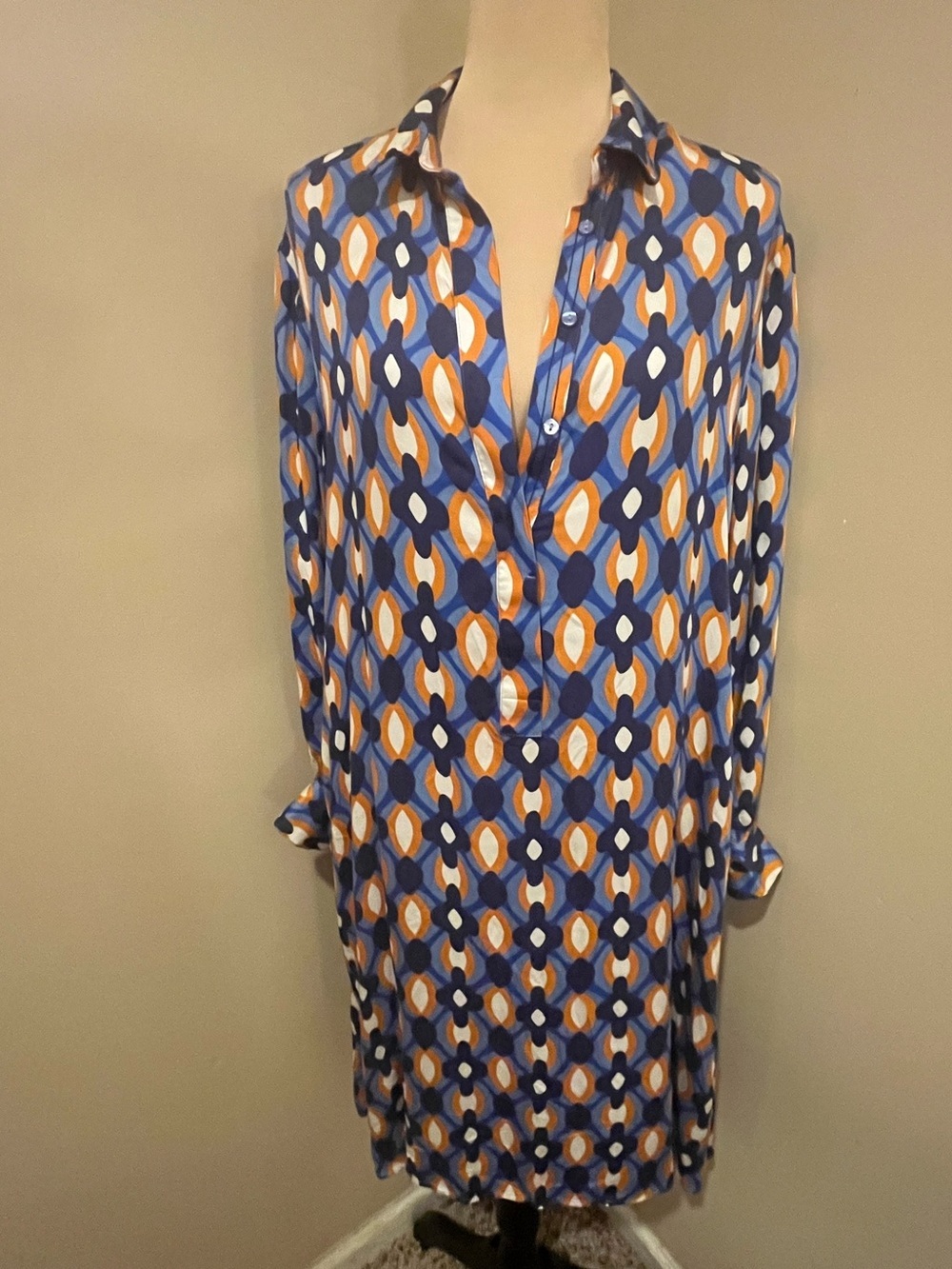 Smith & Soul Retro Geometric Blue & Orange Button-Front Collar Shift Dress,Large